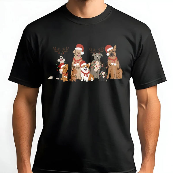 Santa Hat Puppies Holiday Shirt, Christmas Dogs T-Shirt, Adorable Holiday Dog Graphic Tee, Humorous Xmas Puppy Shirt, Dog Lov