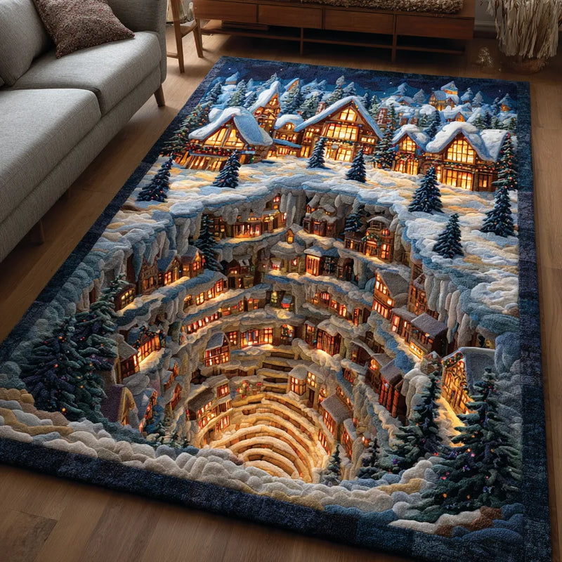Winter Landscape Area Rug, Snow Village Christmas Area Rug, Comfy Holiday Village Floor Rug, Flannel Home Decor Rug