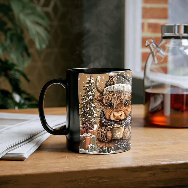 Comfy Winter Holiday Coffee Mug, Highland Cow Christmas Mug, Adorable Farm Animal Ceramic Mug, Christmas Coffee Cup, Cow Love