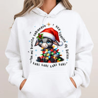 Adorable Donkey Christmas Lights Sweatshirt, Mi Burrito Sabanero Hoodie, Spanish Villancico Holiday Pullover, Festive Latino Family Hoodie