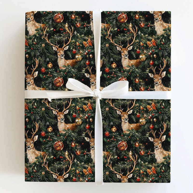 Rustic Pine Reindeer Gift Wrap, Vintage Reindeer Wrapping Paper, Dark Christmas Ornament Paper Roll, Elegant Winter Reindeer Gift Wrap