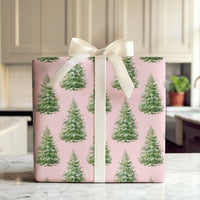Modern Pastel Holiday Gift Wrap, Pink Christmas Tree Wrapping Paper, Watercolor Pine Tree Wrapping Paper, Adorable Aesthetic Gift Wrapping Paper