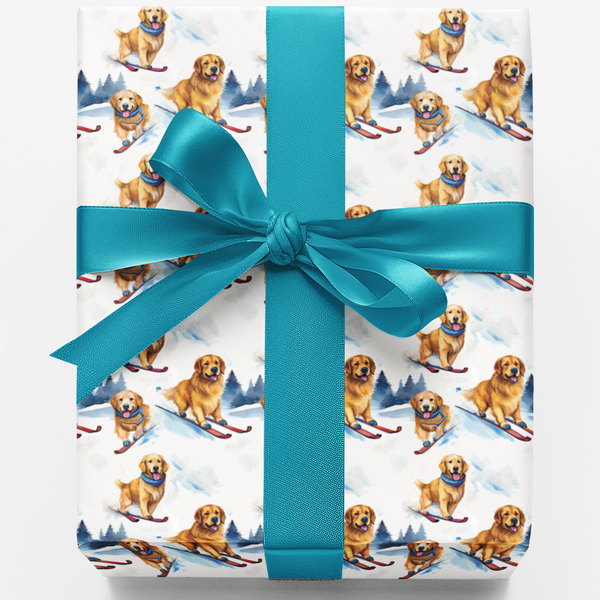 Winter Dog Ski Gift Wrap, Skiing Golden Retriever Wrapping Paper, Snowy Golden Glide Wrapping Paper, Christmas Holiday Dog Wr