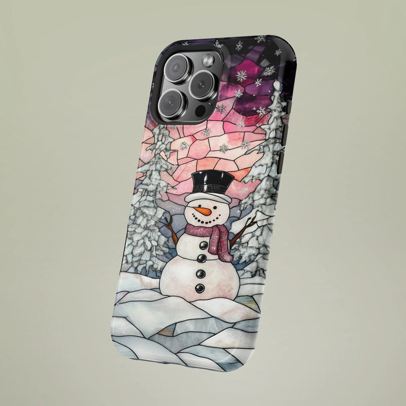 Winter Stained Glass iPhone Case, Snowman Phone Case iPhone, Snowy Tree Phone Case iPhone, Adorable Christmas Holiday Tough Phone Cover