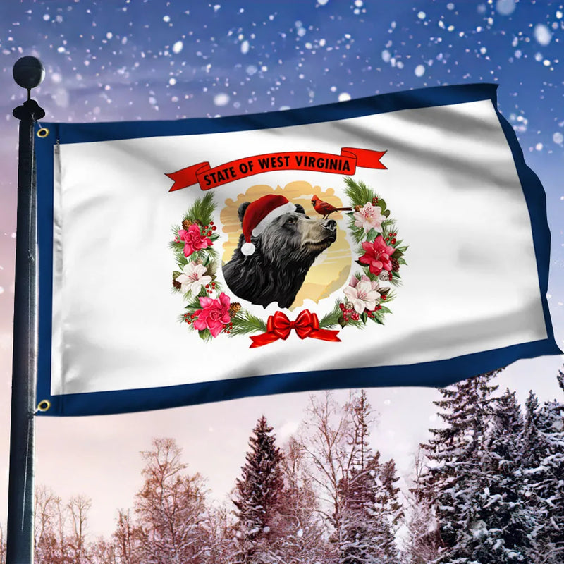 Holiday Bear Wreath Flag, West Virginia Christmas Black Bear House Flag, Rustic State Pride Flag, Winter Yard Decor Present