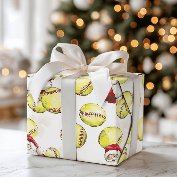 Sports Softball Christmas Gift Wrap, Softball Santa Wrapping Paper, Yellow Softball Holiday Wrapping Paper, Softball Player X