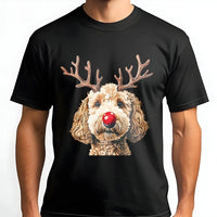 Reindeer Antlers Dog Shirt, Goldendoodle Christmas T-Shirt, Adorable Doodle Holiday Graphic Tee, Red Nose Puppy Tee, Xmas Dog Lover Shirt