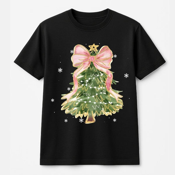 Adorable Coquette Christmas T-Shirt, Pink Bow Watercolor Christmas Tree Shirt, Aesthetic Christmas Graphic Tee, Festive Holid