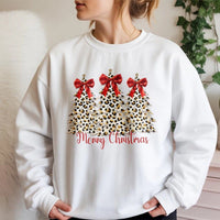 Coquette Bow Holiday Tree Crewneck, Leopard Print Christmas Tree Sweatshirt, Merry Christmas Graphic Pullover, Festive Winter Season Sweater
