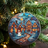 Snowman Ceramic Ornament, Stained Glass Winter Village Ornament, Winter Village Christmas Ornament, Festive Holiday Tree Decor, Family Present