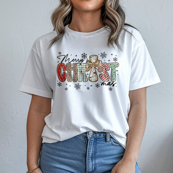 Leopard Plaid Religious Graphic Tee, Merry Christmas Cross T-Shirt, Christian Holiday Shirt, Faith Based Xmas Tee, Present fo
