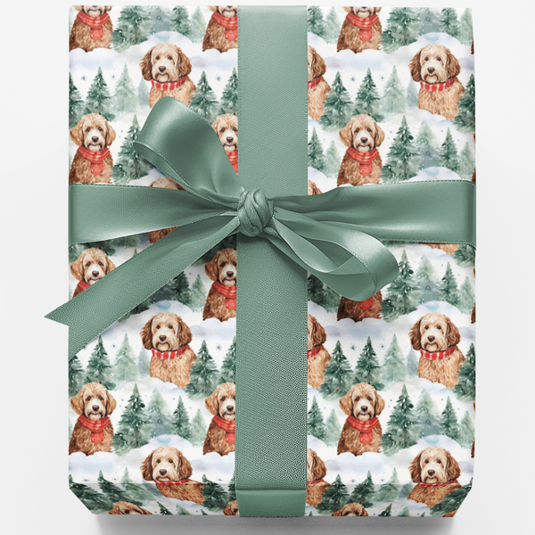 Red Scarf Dog Holiday Gift Wrap, Goldendoodle Christmas Wrapping Paper, Watercolor Puppy Present Paper, Adorable Doodle Dog W