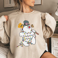 Festive Light String Holiday Sweater, Adorable Snowman Christmas Sweatshirt, Retro Snowman Crewneck Sweatshirt, Comfy Xmas Pullover Sweatshirt
