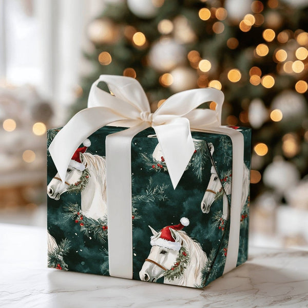 White Stallion Santa Hat Gift Wrap, Horse Christmas Wrapping Paper, Equestrian Christmas Wrapping Paper, Holiday Horse Wrappi