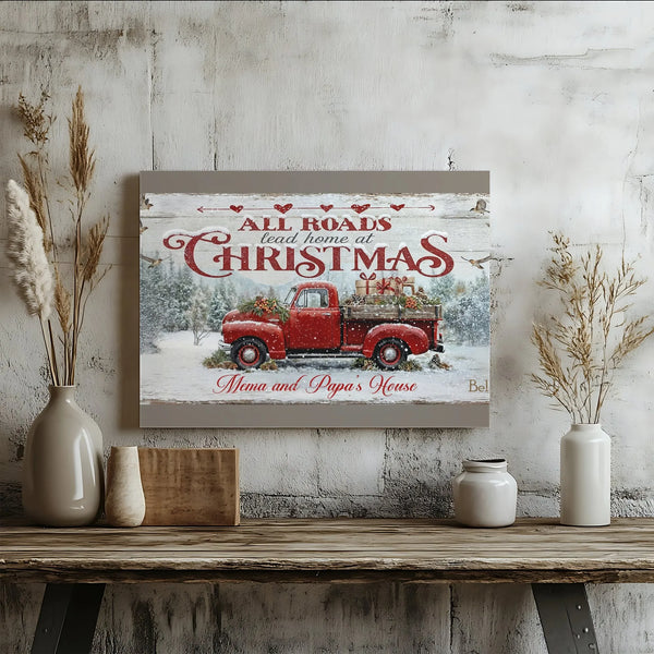 Red Truck Winter Canvas Print, All Roads Lead Home at Christmas Canvas, Rustic Holiday Wall Art, Farmhouse Xmas Canvas, Grand