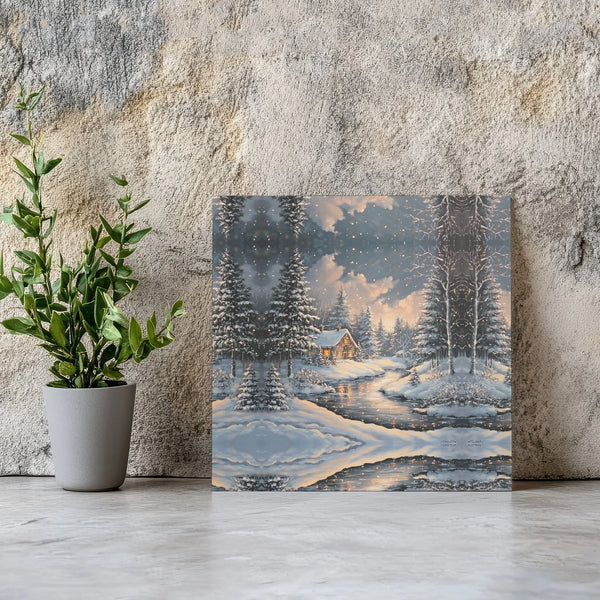 Snowy Forest Cottage Landscape Painting Canvas, Winter Cabin Canvas Wall Art, Comfy Christmas Wall Decor, Holiday Season Canv