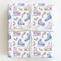 Watercolor Winter Holiday Gift Wrap, Ice Skates Wrapping Paper, Christmas Ice Skating Wrapping Paper, Adorable Holly Berry Gift Wrap Roll