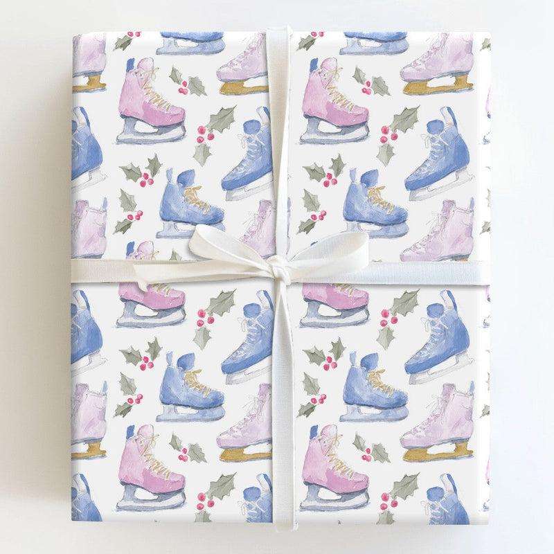 Watercolor Winter Holiday Gift Wrap, Ice Skates Wrapping Paper, Christmas Ice Skating Wrapping Paper, Adorable Holly Berry Gift Wrap Roll