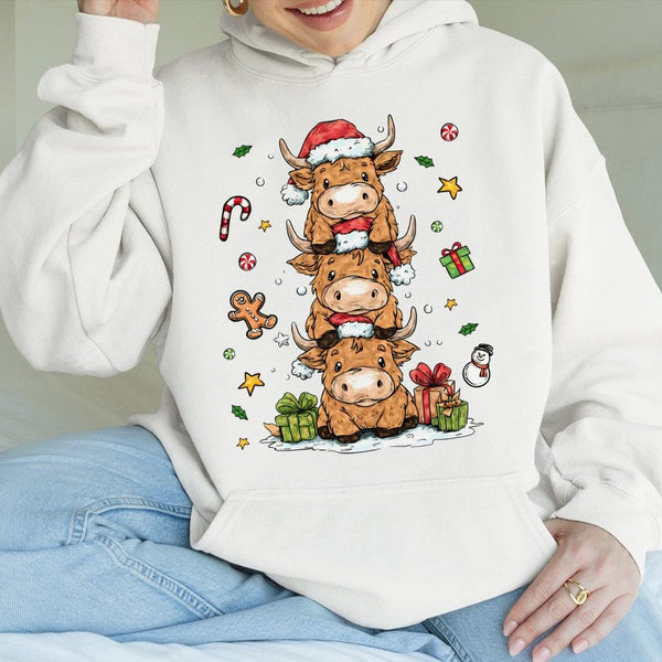 Stacked Farm Animal Holiday Sweatshirt, Adorable Highland Cow Christmas Hoodie, Festive Rustic Cow Pullover, Comfy Winter Xma
