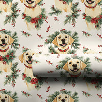 Christmas Dog Wreath Gift Wrap, Yellow Labrador Wrapping Paper, Adorable Yellow Lab Holiday Wrapping Paper, Dog Lover Christmas Wrapping Paper