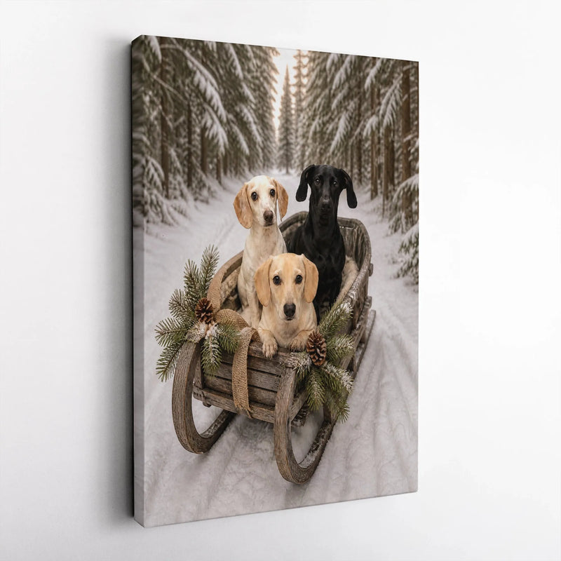 Rustic Sled Dogs Canvas Print, Dachshund Christmas Canvas Wall Art, Winter Snowy Forest Wall Art, Holiday Dog Lover Canvas Decor