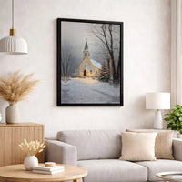 Snowy Christmas Chapel Scene Painting, Winter Church Canvas Wall Art, Religious Holiday Canvas Print, Winter Decor Digital Download