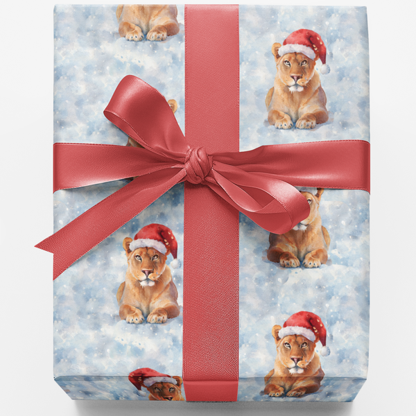Santa Hat Christmas Gift Wrap, Winter Lioness Wrapping Paper, Festive Wildlife Holiday Wrapping Paper, Adorable Animal Gift W