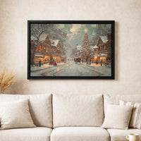 Snowy Town Street Canvas Art, Vintage Christmas Village Canvas Print, Winter Holiday Wall Decor, Festive Christmas Canvas