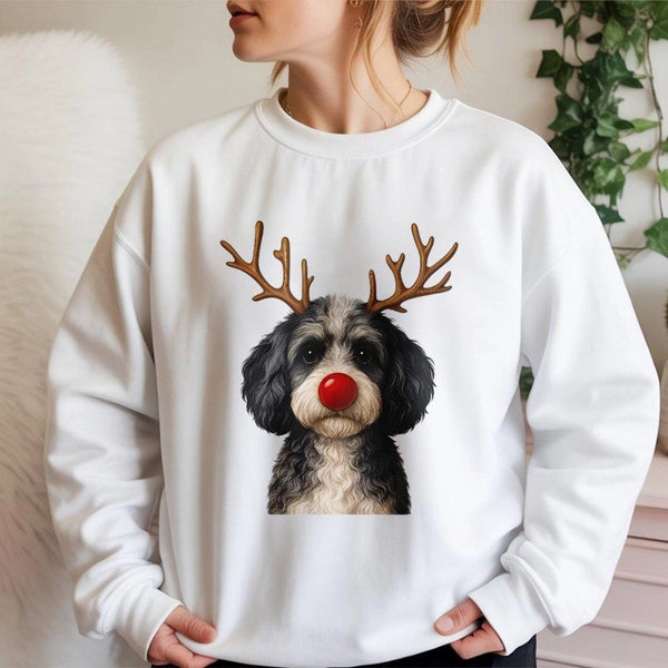Doodle with Antlers Holiday Sweater, Christmas Reindeer Dog Sweatshirt, Adorable Festive Dog Lover Crewneck, Humorous Winter 