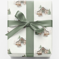 Watercolor Farmhouse Gift Wrap, Winter Barn Christmas Wrapping Paper, Rustic Country Holiday Wrapping Paper, Winter Scenery Gift Wrap Roll