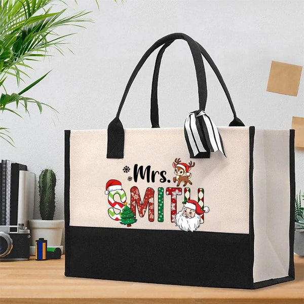 Custom Name Holiday Canvas Tote, Personalized Christmas Cotton Tote Bag, Festive Shopper Bag, Winter Shoulder Bag, Xmas Prese