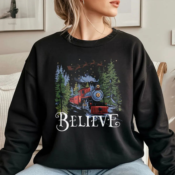 Retro Holiday Graphic Sweater, Believe Christmas Train Sweatshirt, Magical Winter Train Crewneck, Vintage Christmas Sweatshir