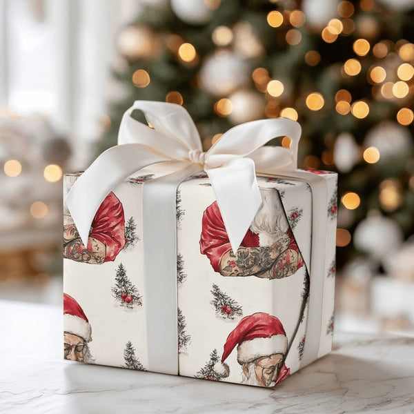 Hipster Santa Christmas Wrapping Paper, Tattooed Santa Wrapping Paper, Alternative Holiday Gift Wrap, Edgy Xmas Gift Wrapping