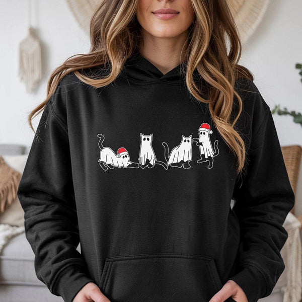 Spooky Santa Hat Kitten Hooded Sweatshirt, Christmas Ghost Cat Hoodie, Humorous Holiday Cat Lover Pullover Hoodie, Adorable W