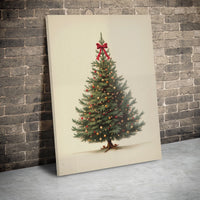 Red Bow Canvas Print, Vintage Christmas Tree Canvas Wall Art, Festive Holiday Wall Decor, Retro Xmas Tree Canvas, Winter Home Decor Present