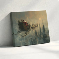 Vintage Winter Cityscape Wall Art, Santa Claus Sleigh Canvas Print, Christmas Sky Canvas Art, Holiday Wall Decor, Festive Santa Canvas