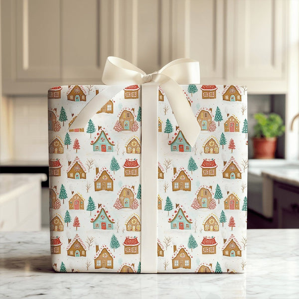 Watercolor Winter Town Gift Wrap, Gingerbread House Village Wrapping Paper, Festive Christmas Paper Roll, Adorable Holiday Wr