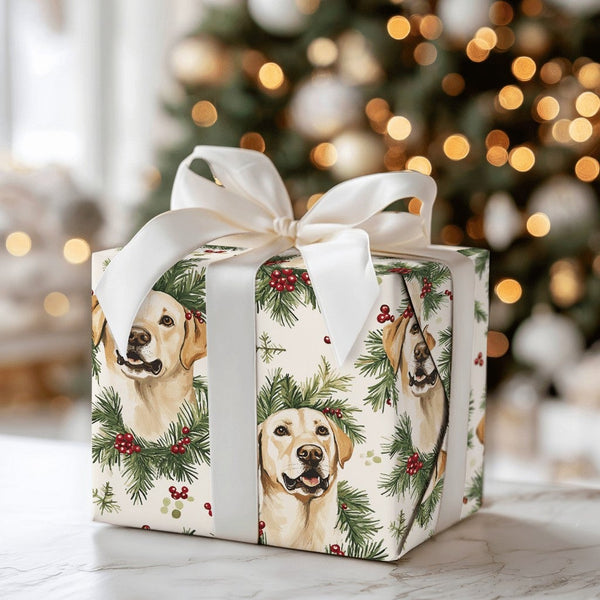Watercolor Dog Gift Wrap, Yellow Labrador Wrapping Paper, Christmas Lab Wrapping Paper, Holiday Dog Lover Gift Wrap, Festive 