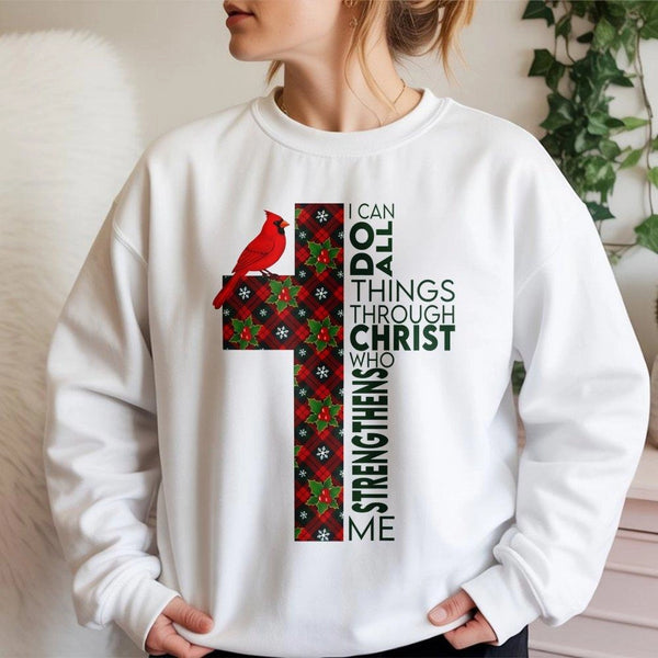 Christian Cross Christmas Sweater, I Can Do All Things Through Christ Sweatshirt, Religious Scripture Crewneck, Faithful Holi