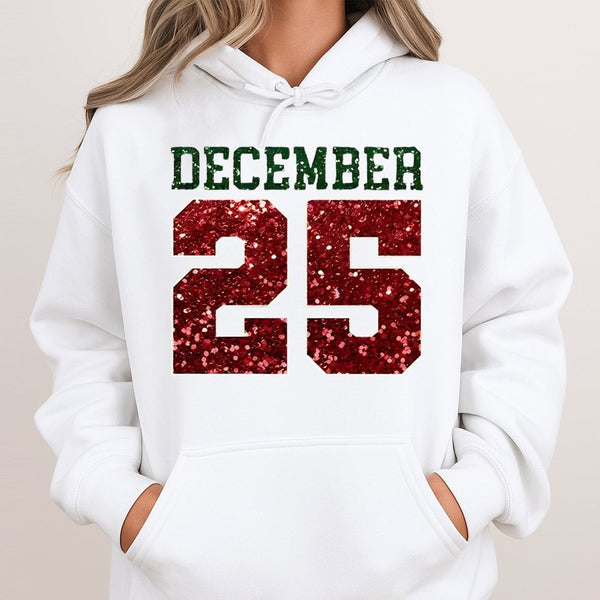Glitter Red and Green Holiday Hoodie, December 25 Christmas Hoodie, Festive Winter Graphic Pullover Hoodie, Adorable Xmas Hoo