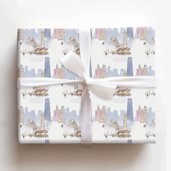 Snowy Skyline Watercolor Gift Wrap, Chicago Christmas Market Wrapping Paper, Festive Holiday Cityscape Present Wrap, Winter G