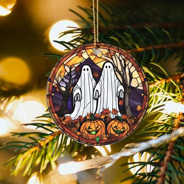 Spooky Pumpkin Holiday Ornament, Stained Glass Ghost Christmas Ornament, Halloween Jack-o-Lantern Ceramic Ornament, Adorable 