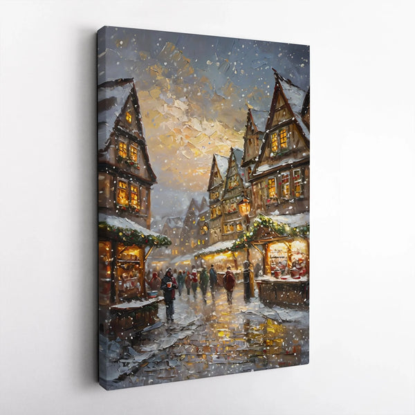Snowy European Market Canvas Print, Christmas Village Canvas Wall Art, Impressionist Winter Village Wall Decor, Holiday Canva