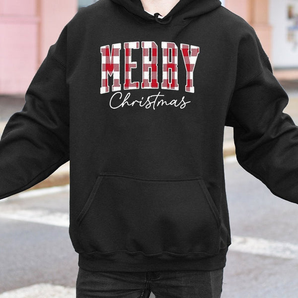 Buffalo Plaid Red Text Hoodie, Merry Christmas Hoodie, Comfy Holiday Sweatshirt, Festive Plaid Christmas Pullover, Winter Xma