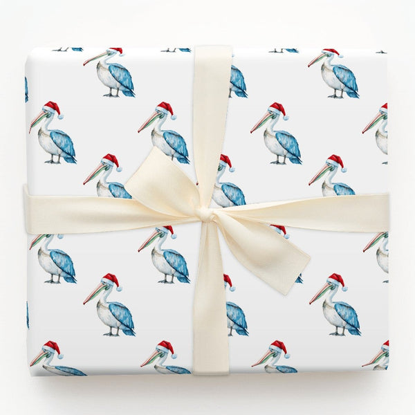Santa Hat Pelican Gift Wrap, Christmas Pelican Wrapping Paper, Coastal Holiday Wrapping Paper, Nautical Beach Christmas Gift 