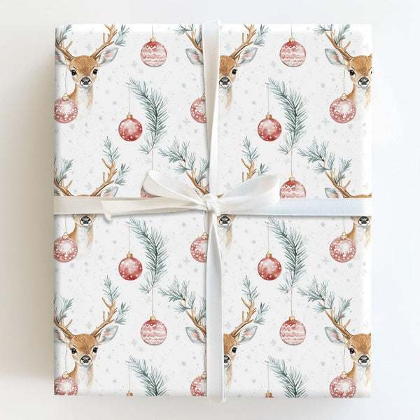 Woodland Deer Holiday Gift Wrap, Watercolor Reindeer Christmas Wrapping Paper, Ornament Wrapping Paper, Rustic Christmas Gift