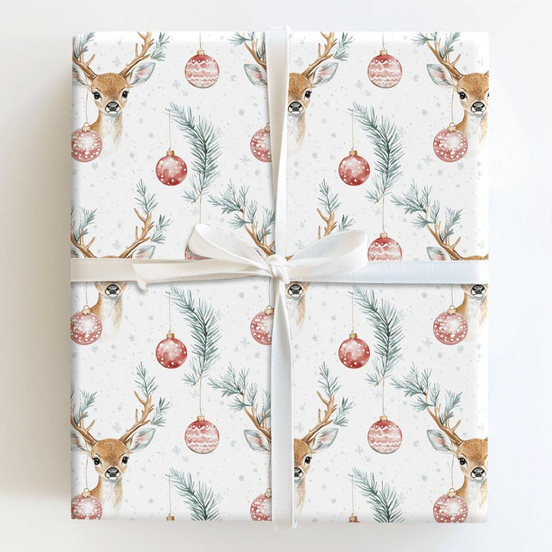 Woodland Deer Holiday Gift Wrap, Watercolor Reindeer Christmas Wrapping Paper, Ornament Wrapping Paper, Rustic Christmas Gift Wrap Roll