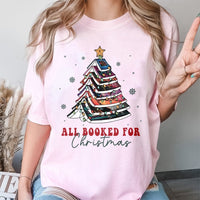 Festive Book Tree Graphic Tee, All Booked for Christmas T-Shirt, Adorable Holiday Reader Shirt, Winter Bookish Present for Bookworms