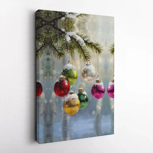 Snowy Pine Branch Holiday Painting, Christmas Ornaments Canvas Wall Art, Festive Winter Wall Print, Christmas Digital Downloa
