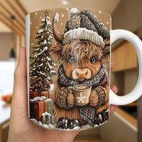 Festive Winter Coffee Mug, Highland Cow Christmas Mug, Highland Cow Holiday Ceramic Mug, Adorable Cow Xmas Coffee Cup, Animal Lover Present